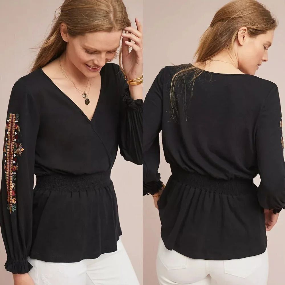 Anthropologie Ranna Gill Deidra Embroidered Top in Black Size Small $90